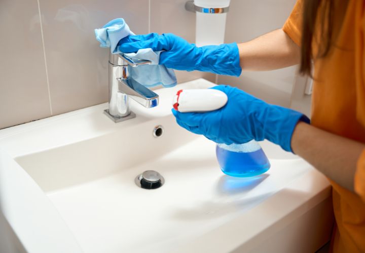 Cleaner sanitising a washroom basin